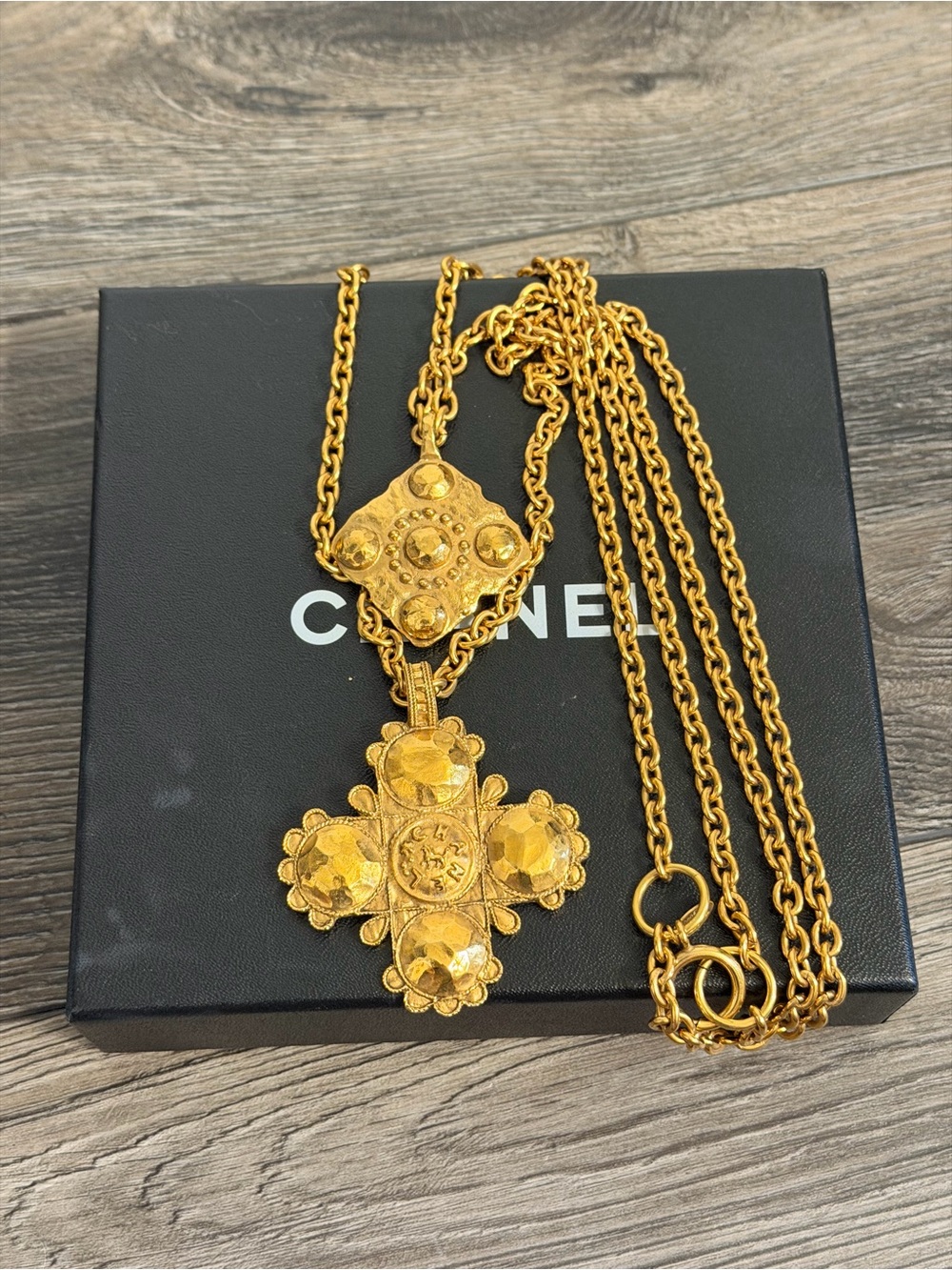 Chanel Gold Lion Cross Layered Chain Pendant Necklace